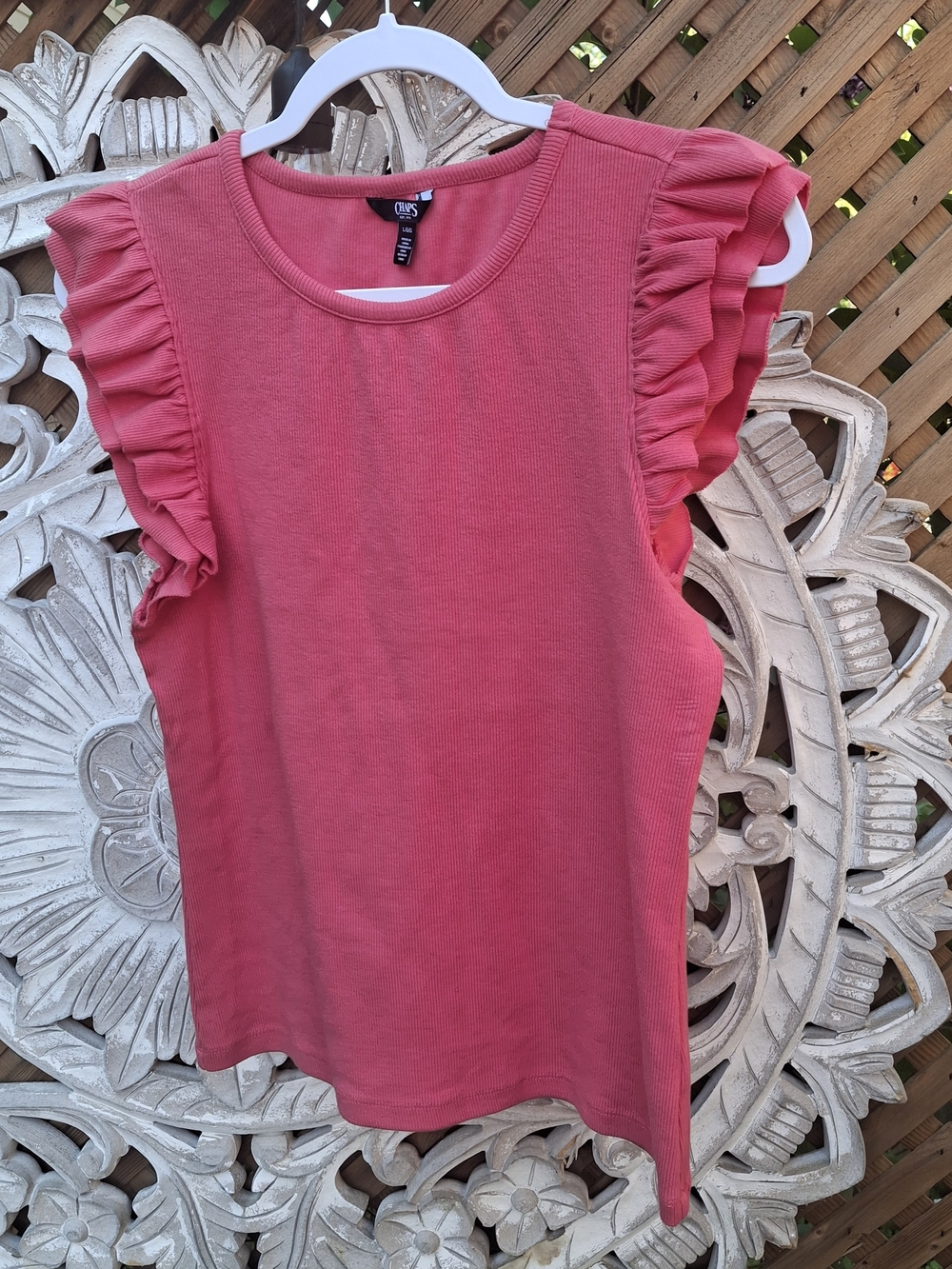 💥3/$20💥 Chaps Pink Coral Ruffle Sleeve Ribbed Knit Top Tank Size L